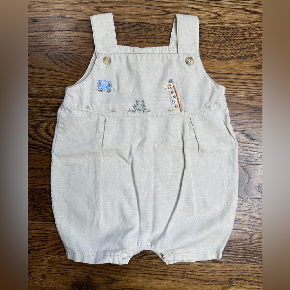 Minibasix Kids Baby Cream Linen Cotton Overalls Animal Embroidery 6M (12-16 lbs)